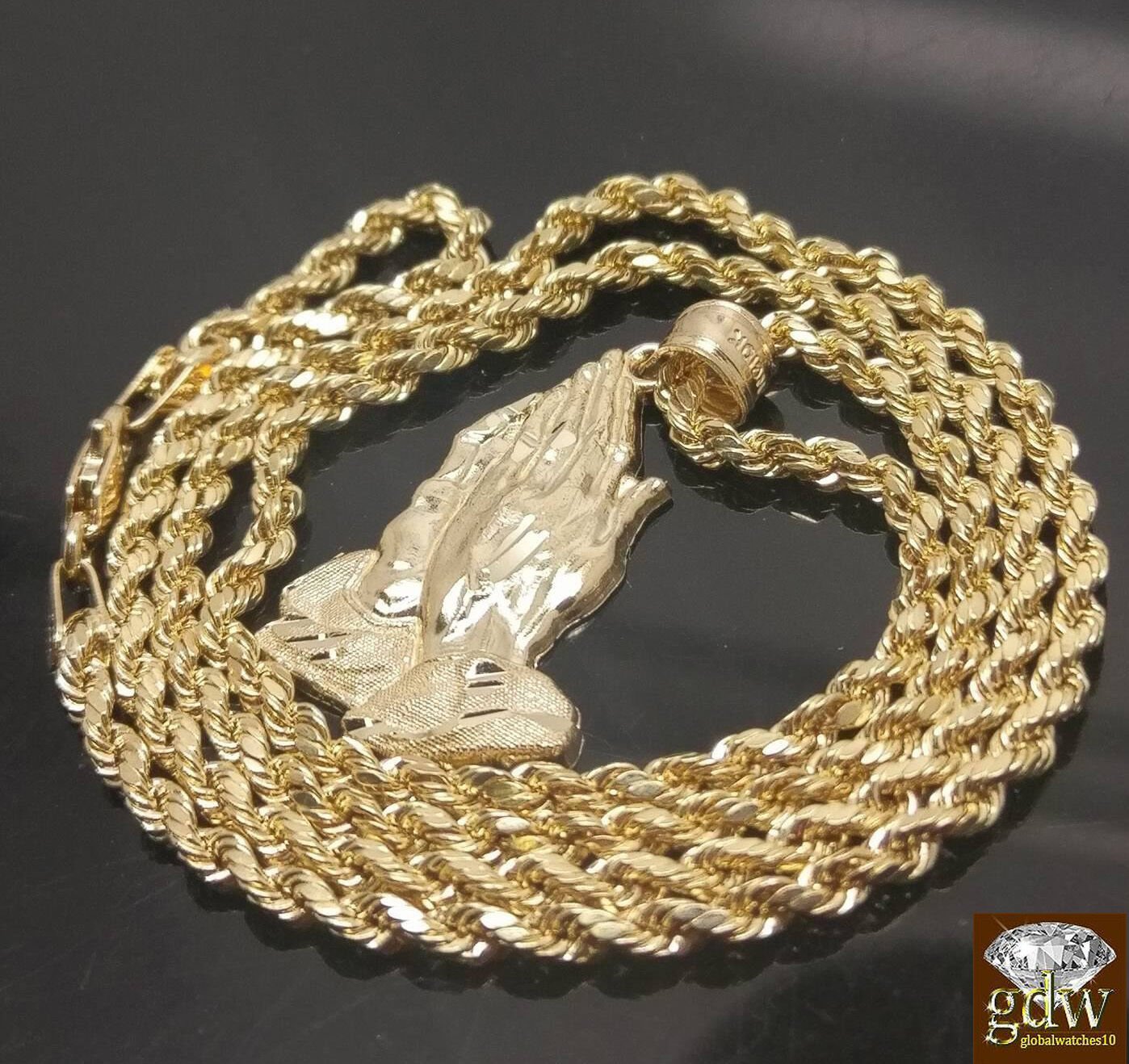 10k Gold Rope Necklace 20" 2mm Chain Praying Hand Charm Pendant Men Women - Reva Jeweler