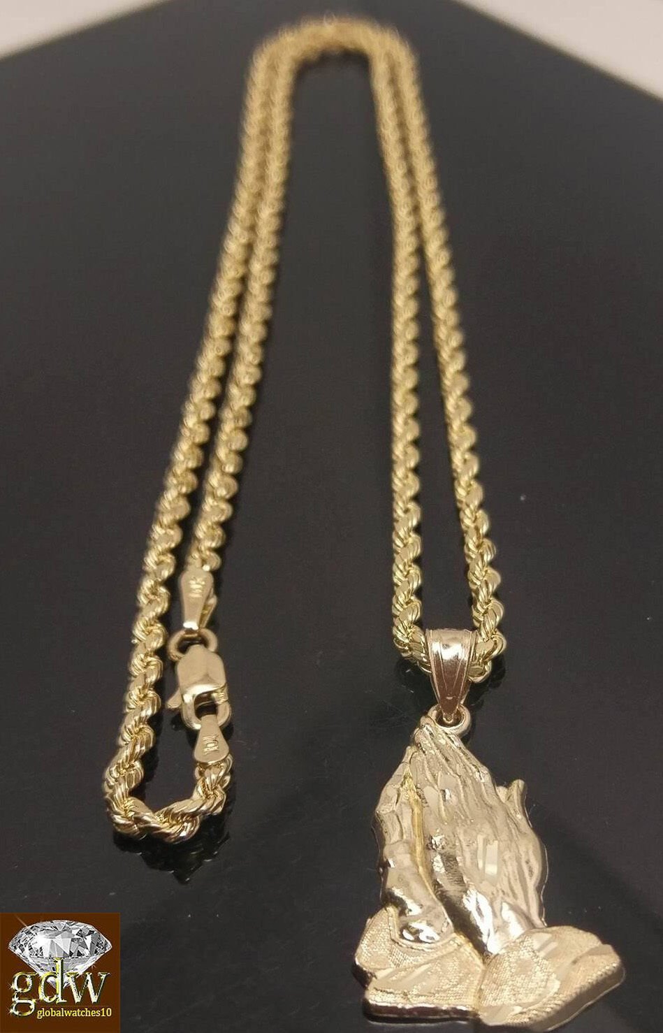 10k Gold Rope Necklace 20" 2mm Chain Praying Hand Charm Pendant Men Women - Reva Jeweler