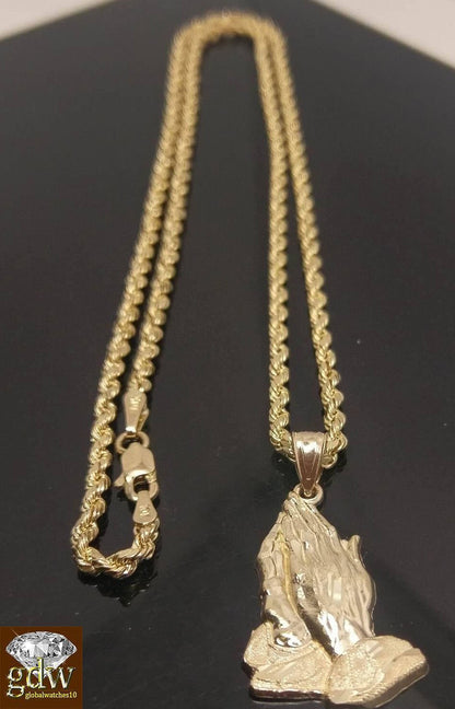10k Gold Rope Necklace 20" 2mm Chain Praying Hand Charm Pendant Men Women - Reva Jeweler