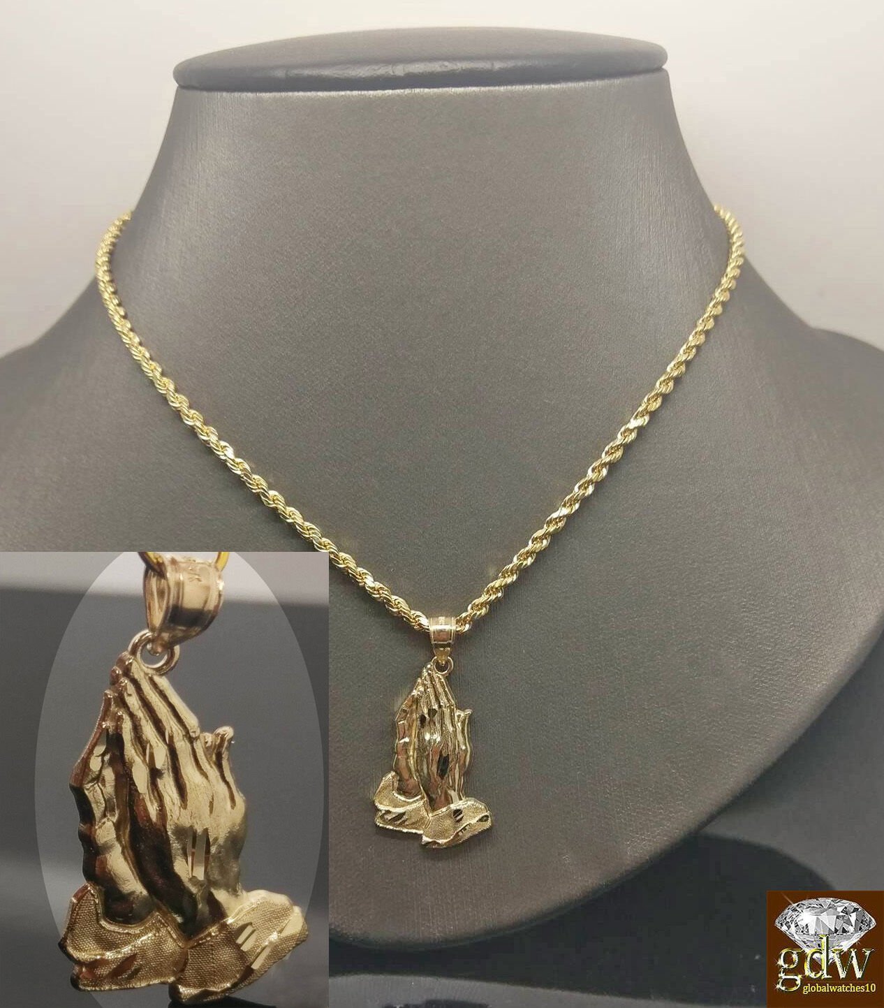10k Gold Rope Necklace 20" 2mm Chain Praying Hand Charm Pendant Men Women - Reva Jeweler