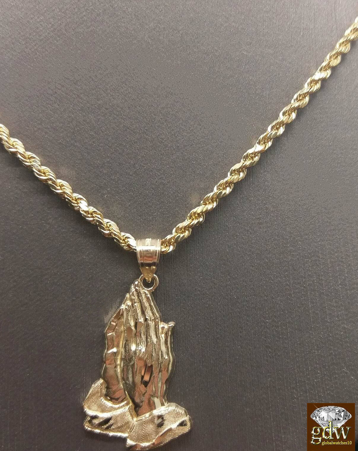10k Gold Rope Necklace 20" 2mm Chain Praying Hand Charm Pendant Men Women - Reva Jeweler