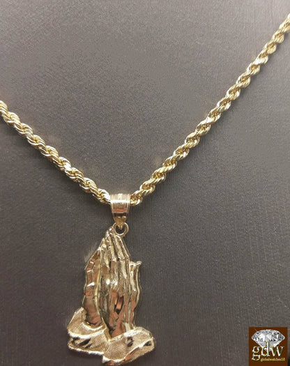 10k Gold Rope Necklace 20" 2mm Chain Praying Hand Charm Pendant Men Women - Reva Jeweler