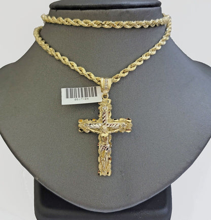 10k Gold Rope Necklace Jesus Cross Charm pendant SET 4mm chain 18" - 28" REAL 10KT - Reva Jeweler
