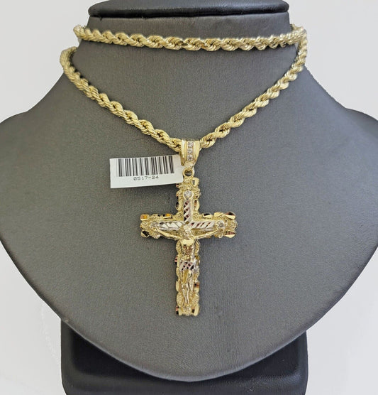 10k Gold Rope Necklace Jesus Cross Charm pendant SET 4mm chain 18" - 28" REAL 10KT - Reva Jeweler