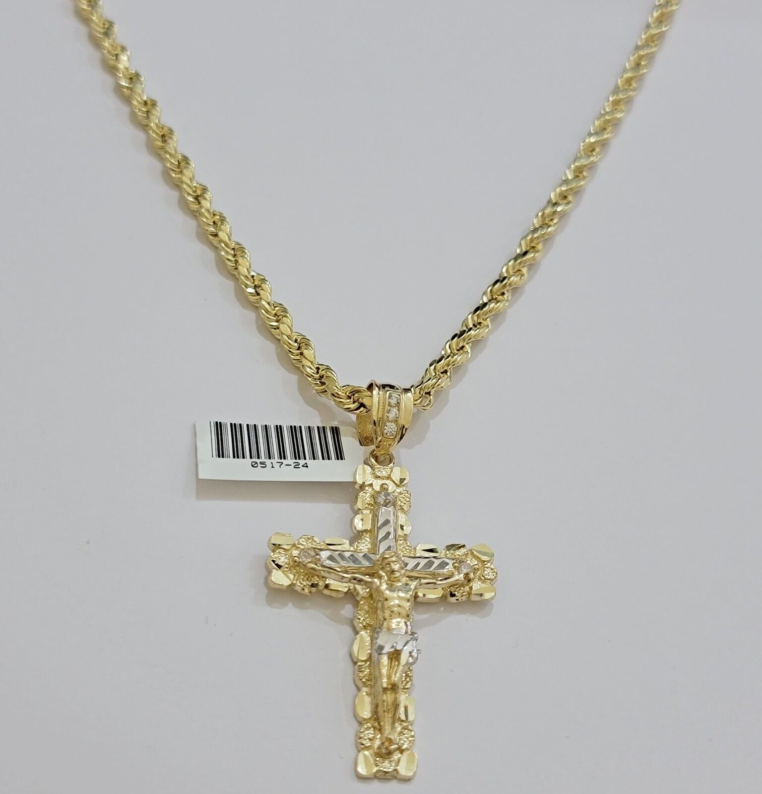 10k Gold Rope Necklace Jesus Cross Charm pendant SET 4mm chain 18" - 28" REAL 10KT - Reva Jeweler