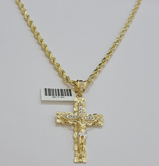 10k Gold Rope Necklace Jesus Cross Charm pendant SET 4mm chain 18" - 28" REAL 10KT - Reva Jeweler