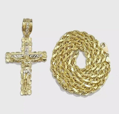 10k Gold Rope Necklace Jesus Cross Charm pendant SET 4mm chain 18" - 28" REAL 10KT - Reva Jeweler