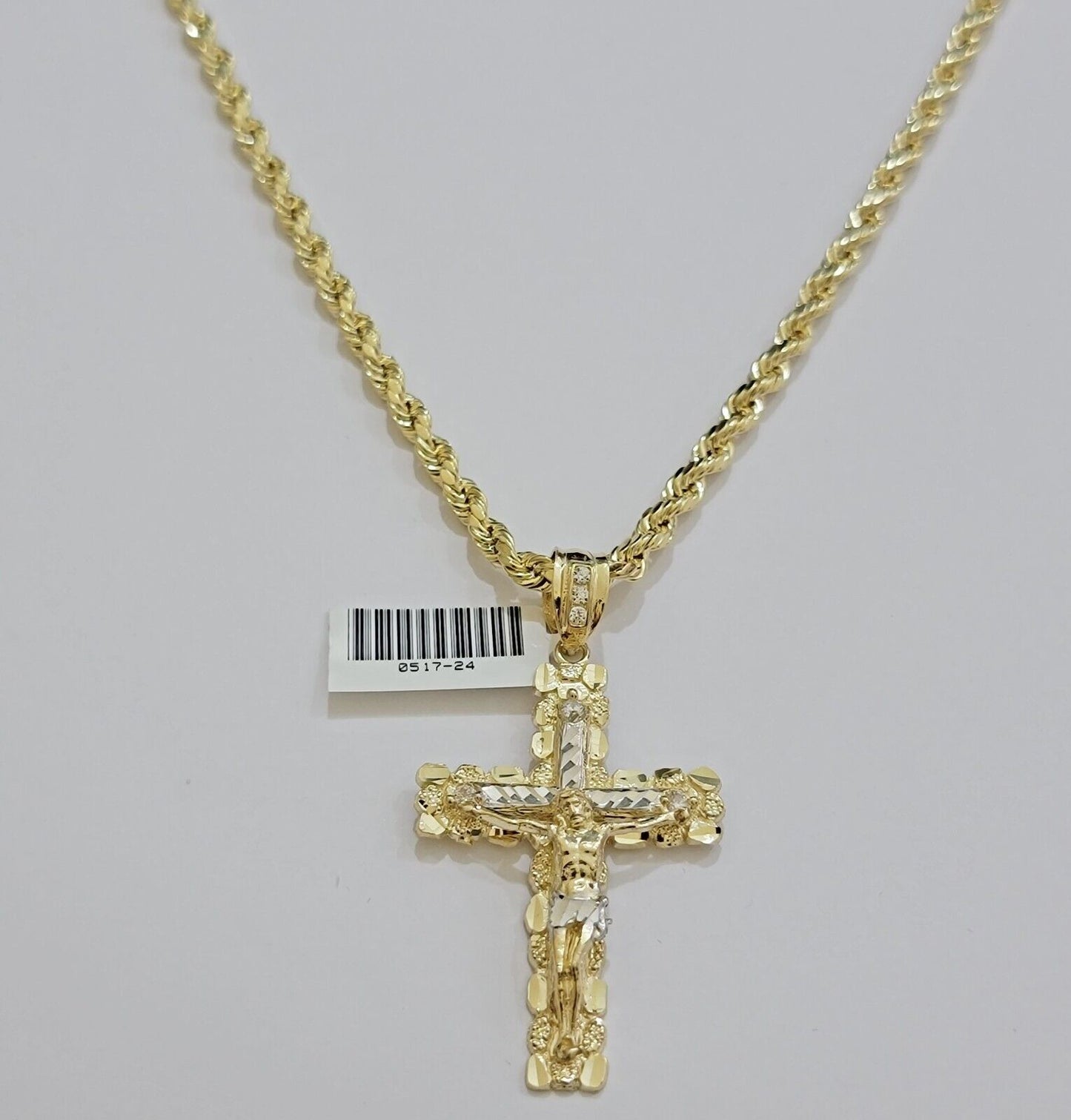 10k Gold Rope Necklace Jesus Cross Charm pendant SET 4mm chain 18" - 28" REAL 10KT - Reva Jeweler