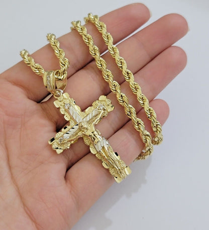 10k Gold Rope Necklace Jesus Cross Charm pendant SET 4mm chain 18" - 28" REAL 10KT - Reva Jeweler