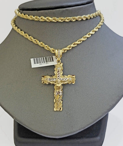 10k Gold Rope Necklace Jesus Cross Charm pendant SET 4mm chain 18" - 28" REAL 10KT - Reva Jeweler