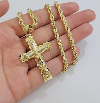 10k Gold Rope Necklace Jesus Cross Charm pendant SET 4mm chain 18" - 28" REAL 10KT - Reva Jeweler