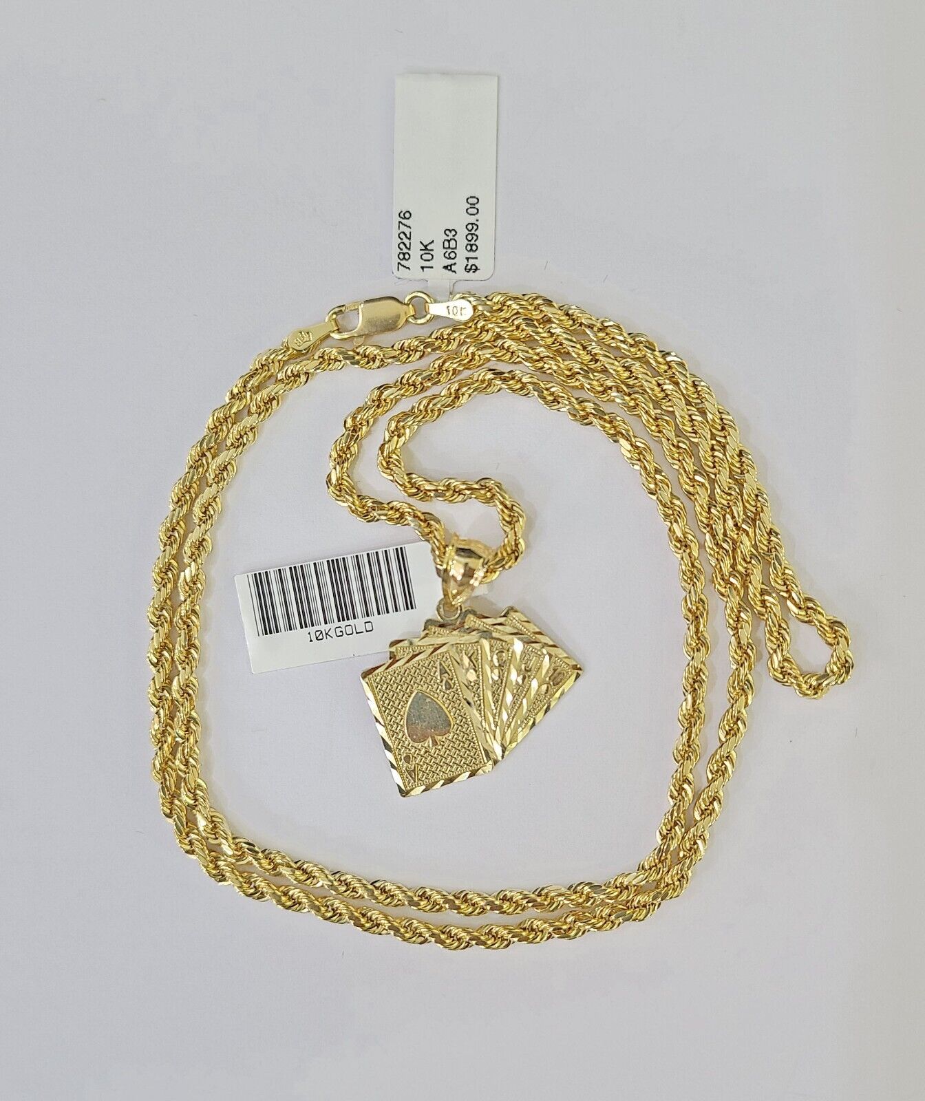 10k Gold Royal Flush Pendant Rope Chain 3mm 20'' Necklace Set Real Yellow - Reva Jeweler