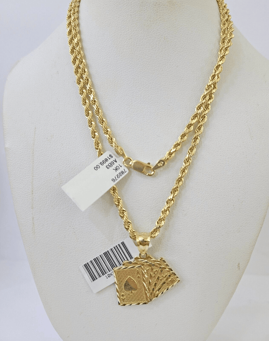 10k Gold Royal Flush Pendant Rope Chain 3mm 22'' Necklace Set Real Yellow - Reva Jeweler