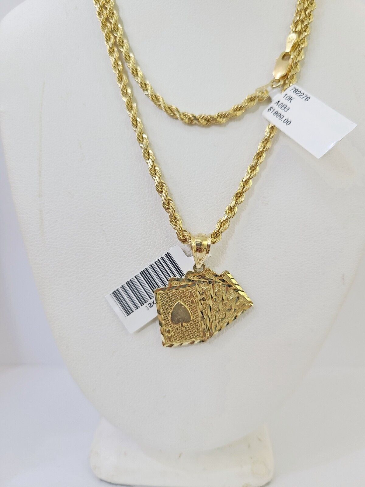 10k Gold Royal Flush Pendant Rope Chain 3mm 22'' Necklace Set Real Yellow - Reva Jeweler