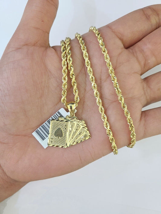 10k Gold Royal Flush Pendant Rope Chain 3mm 24'' Necklace Set Real Yellow - Reva Jeweler