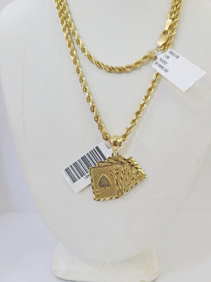 10k Gold Royal Flush Pendant Rope Chain 3mm 24'' Necklace Set Real Yellow - Reva Jeweler