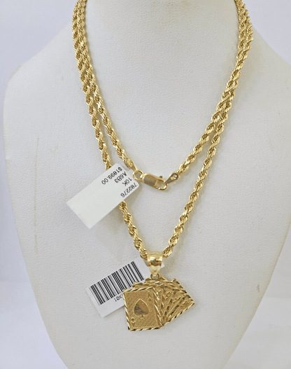 10k Gold Royal Flush Pendant Rope Chain 3mm 24'' Necklace Set Real Yellow - Reva Jeweler