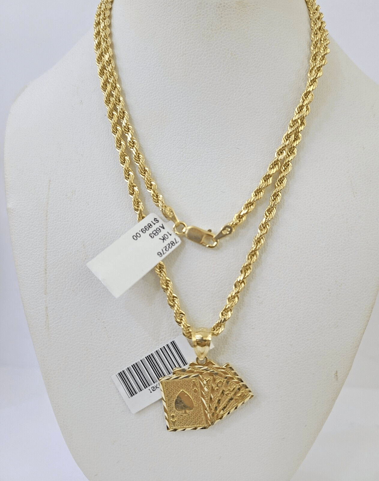 10k Gold Royal Flush Pendant Rope Chain 3mm 26'' Necklace Set Real Yellow - Reva Jeweler