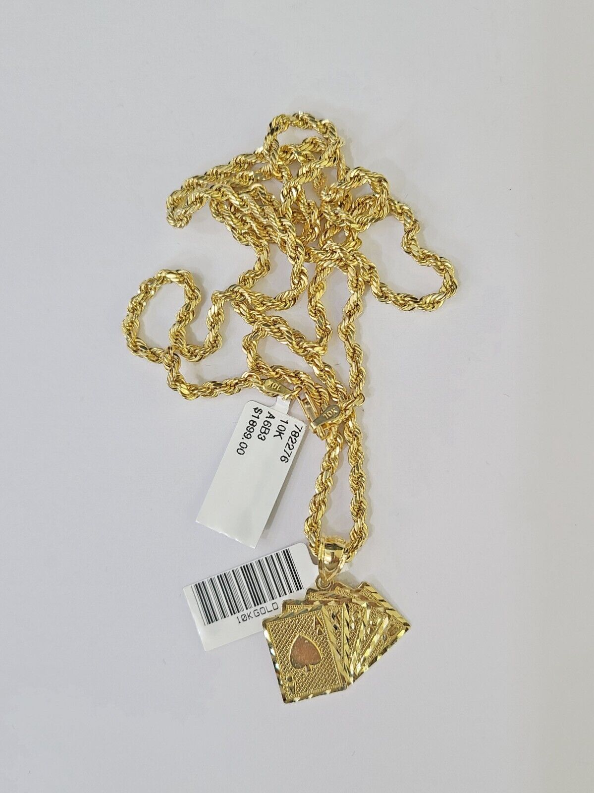 10k Gold Royal Flush Pendant Rope Chain 3mm 26'' Necklace Set Real Yellow - Reva Jeweler