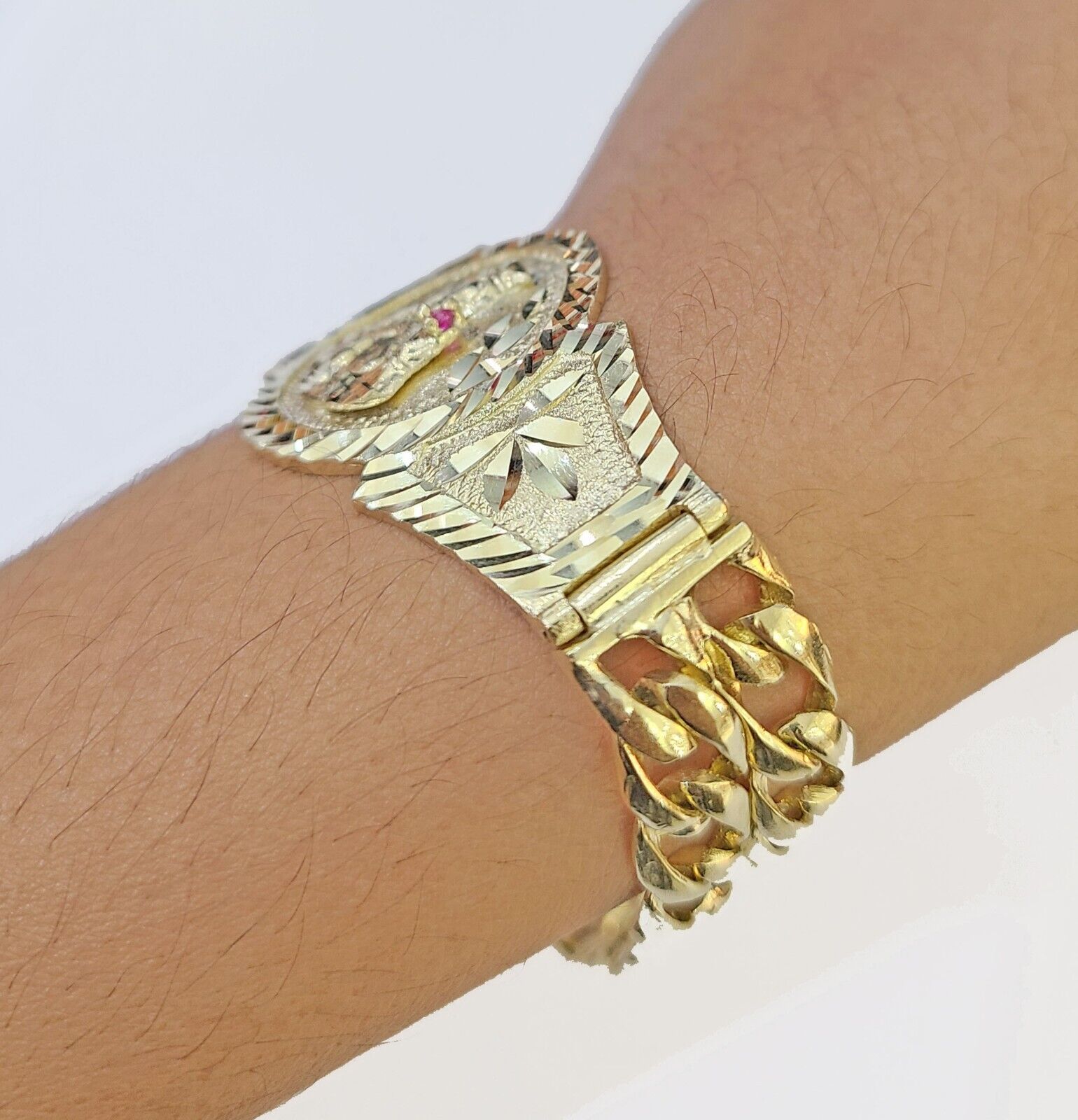 10k Gold Saint Barbara Miami Cuban Bracelet Size 8" 15mm - Reva Jeweler