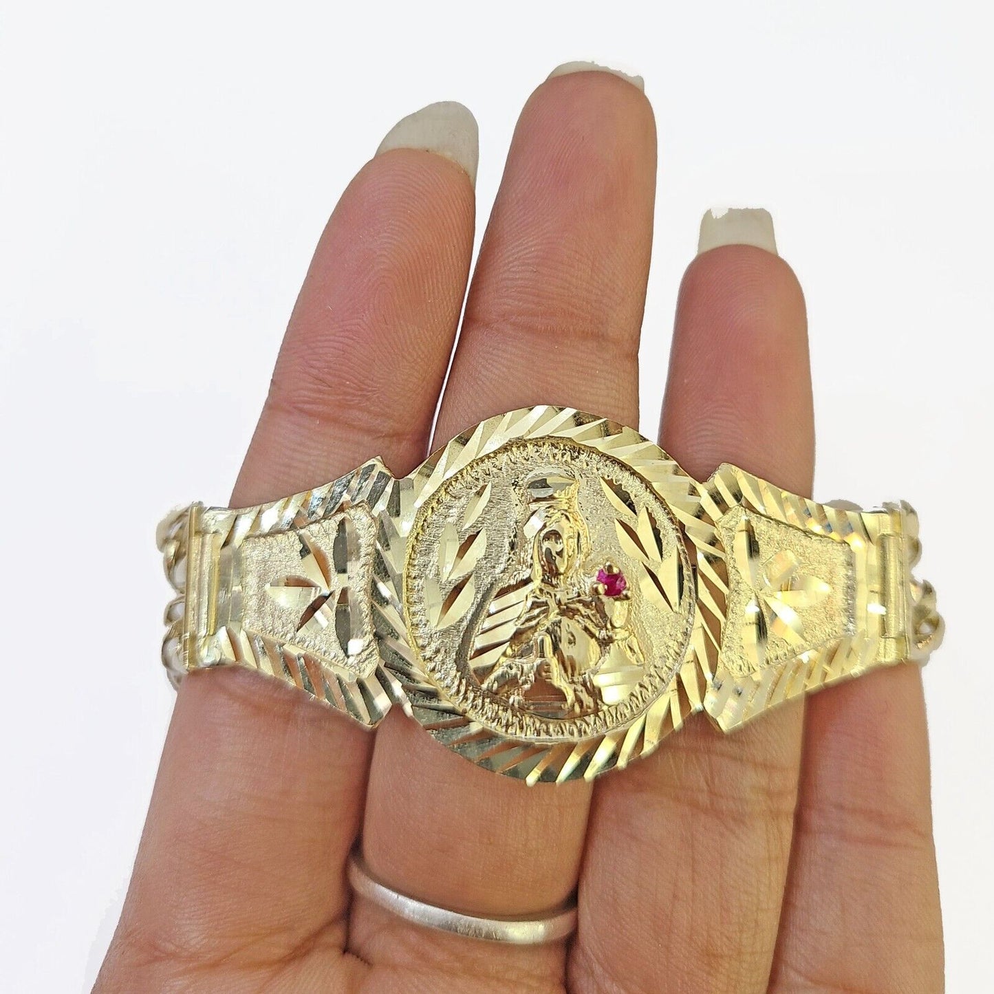 10k Gold Saint Barbara Miami Cuban Bracelet Size 8" 15mm - Reva Jeweler