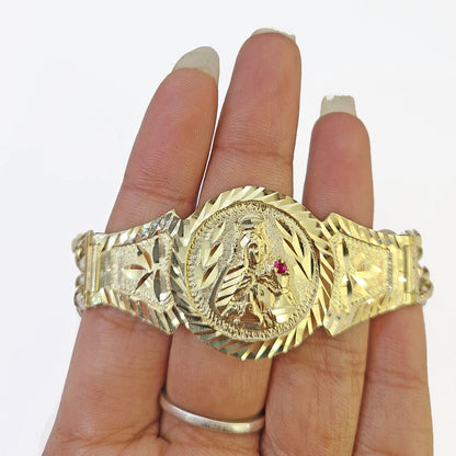 10k Gold Saint Barbara Miami Cuban Bracelet Size 8" 15mm - Reva Jeweler