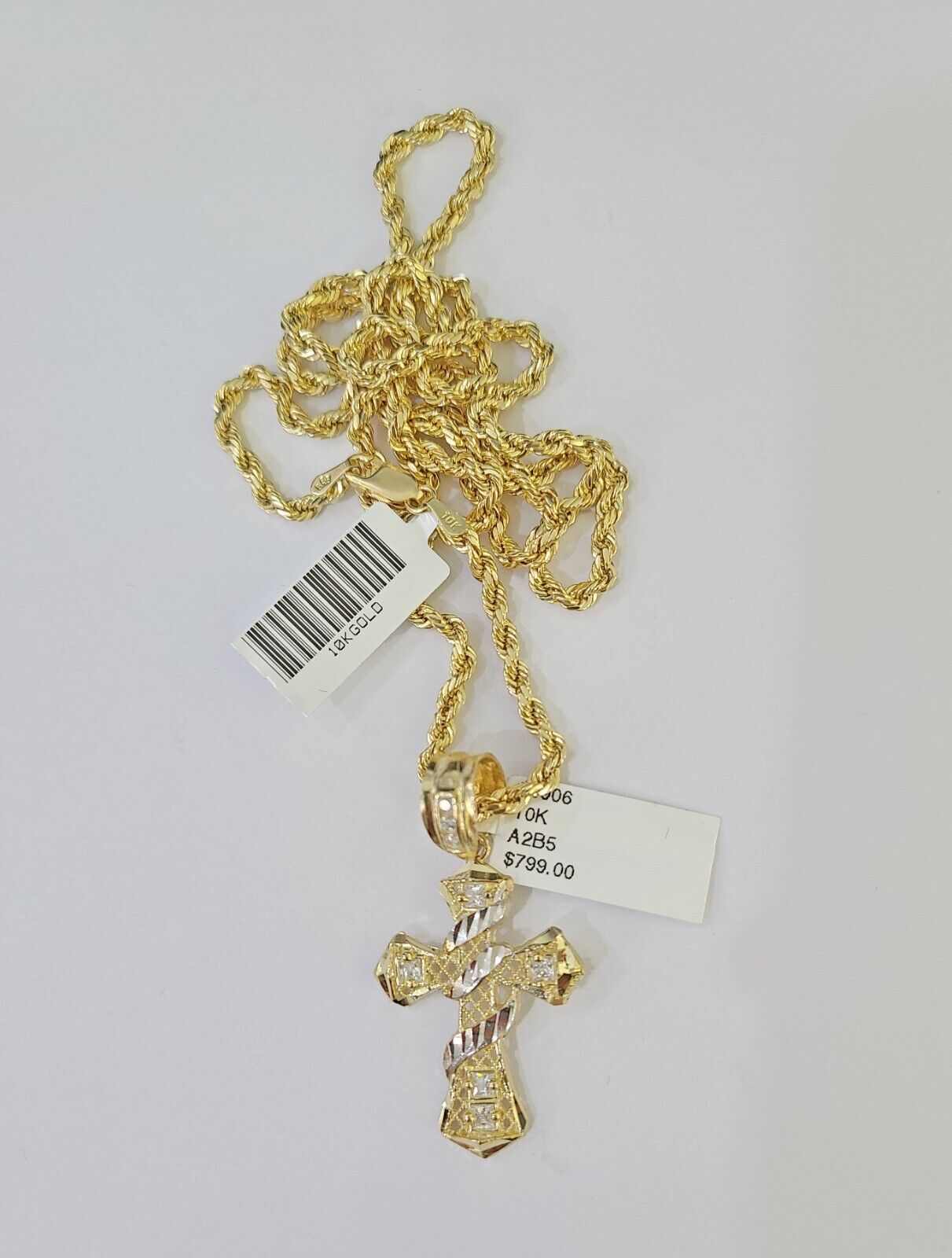 10k Gold Spiral Cross Charm Rope Chain 3mm 20'' Set Yellow Diamond Cut Real - Reva Jeweler