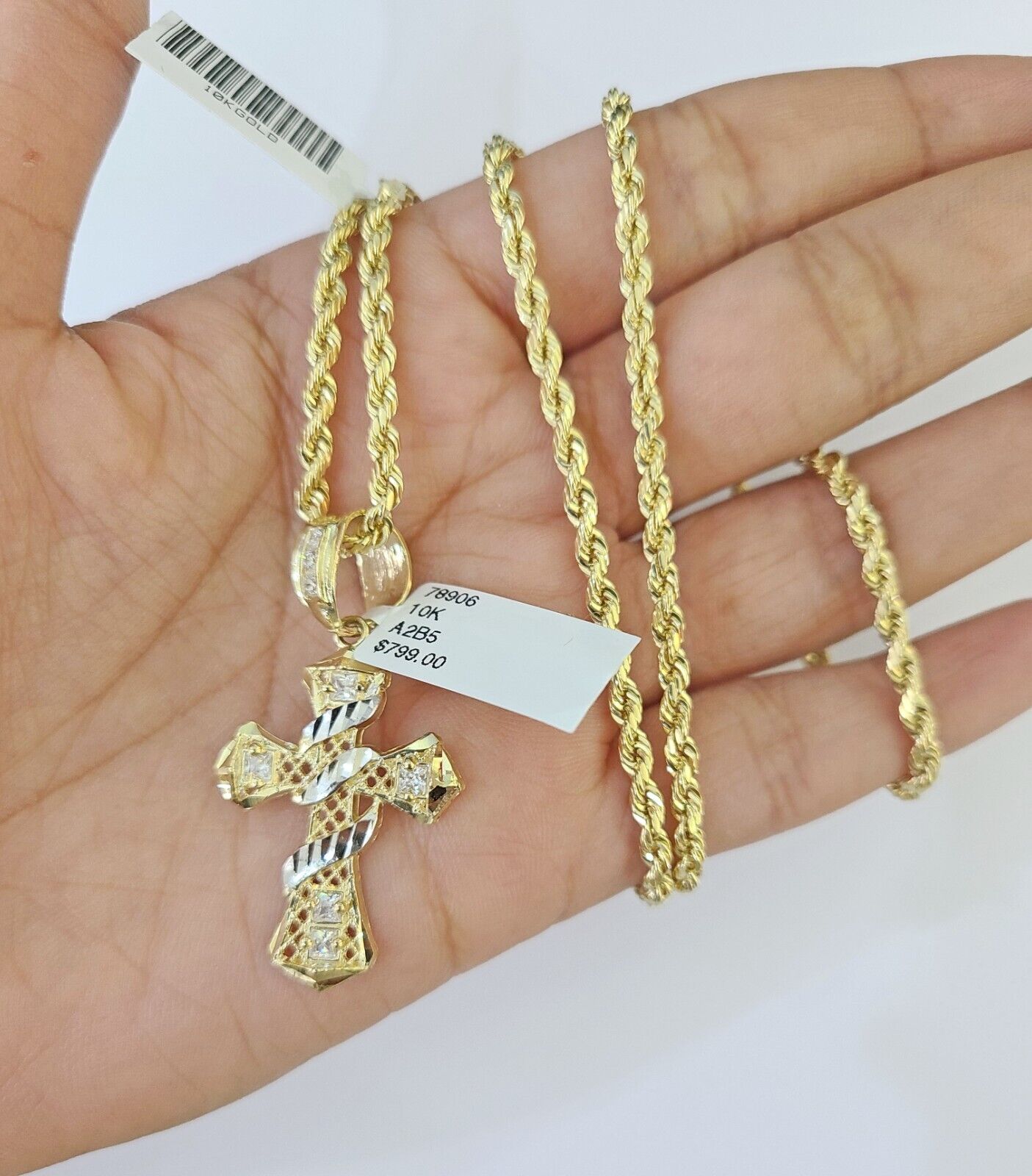 10k Gold Spiral Cross Charm Rope Chain 3mm 22'' Set Yellow Diamond Cut Real - Reva Jeweler