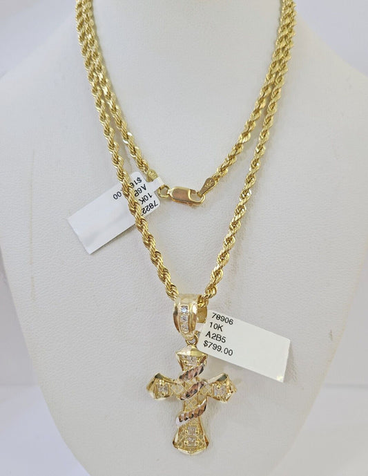 10k Gold Spiral Cross Charm Rope Chain 3mm 22'' Set Yellow Diamond Cut Real - Reva Jeweler