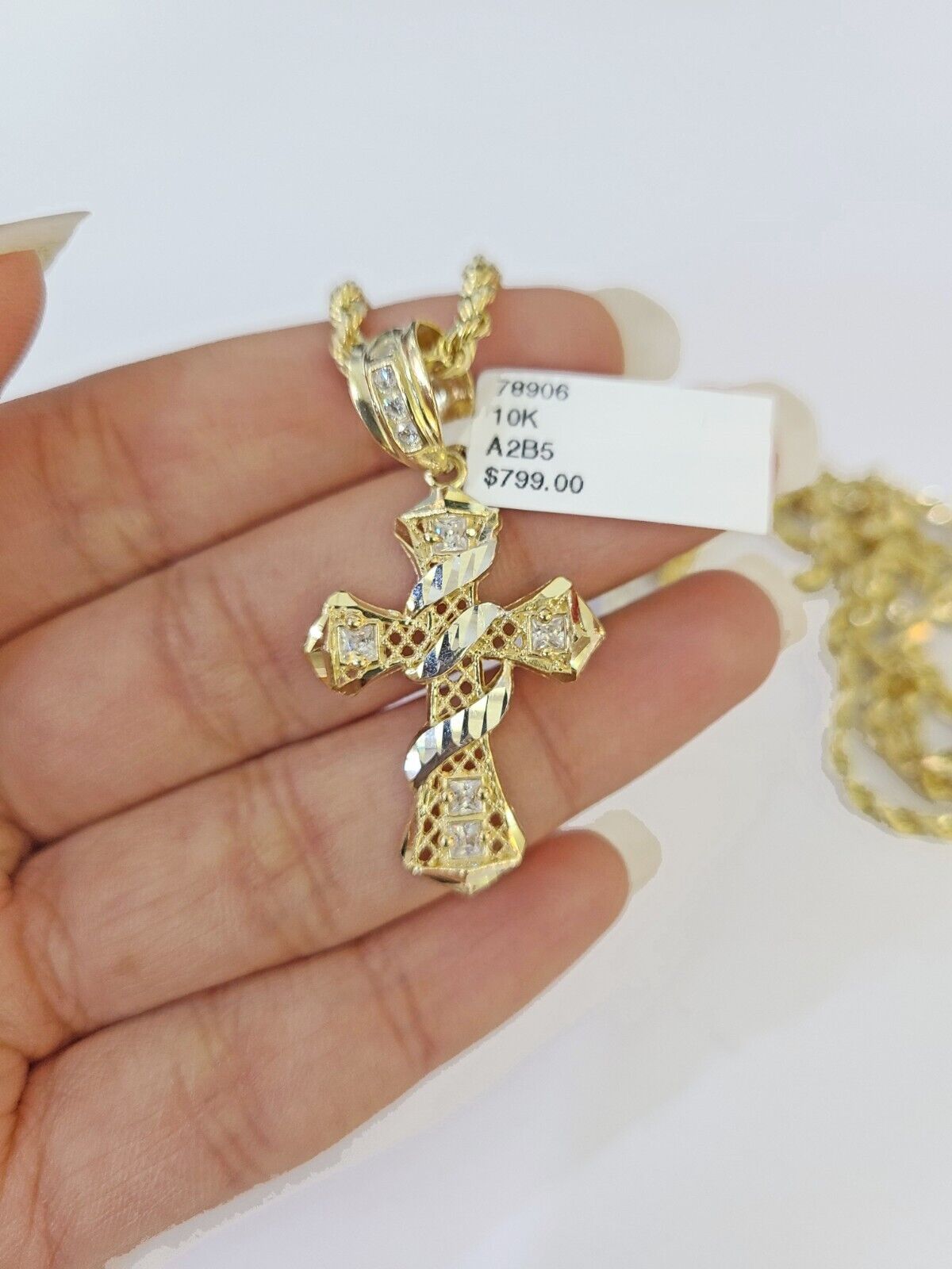 10k Gold Spiral Cross Charm Rope Chain 3mm 26'' Set Yellow Diamond Cut Real - Reva Jeweler