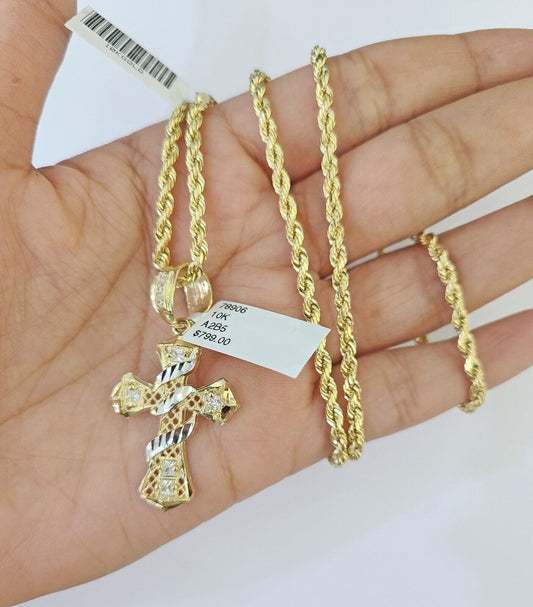 10k Gold Spiral Cross Charm Rope Chain 3mm 26'' Set Yellow Diamond Cut Real - Reva Jeweler