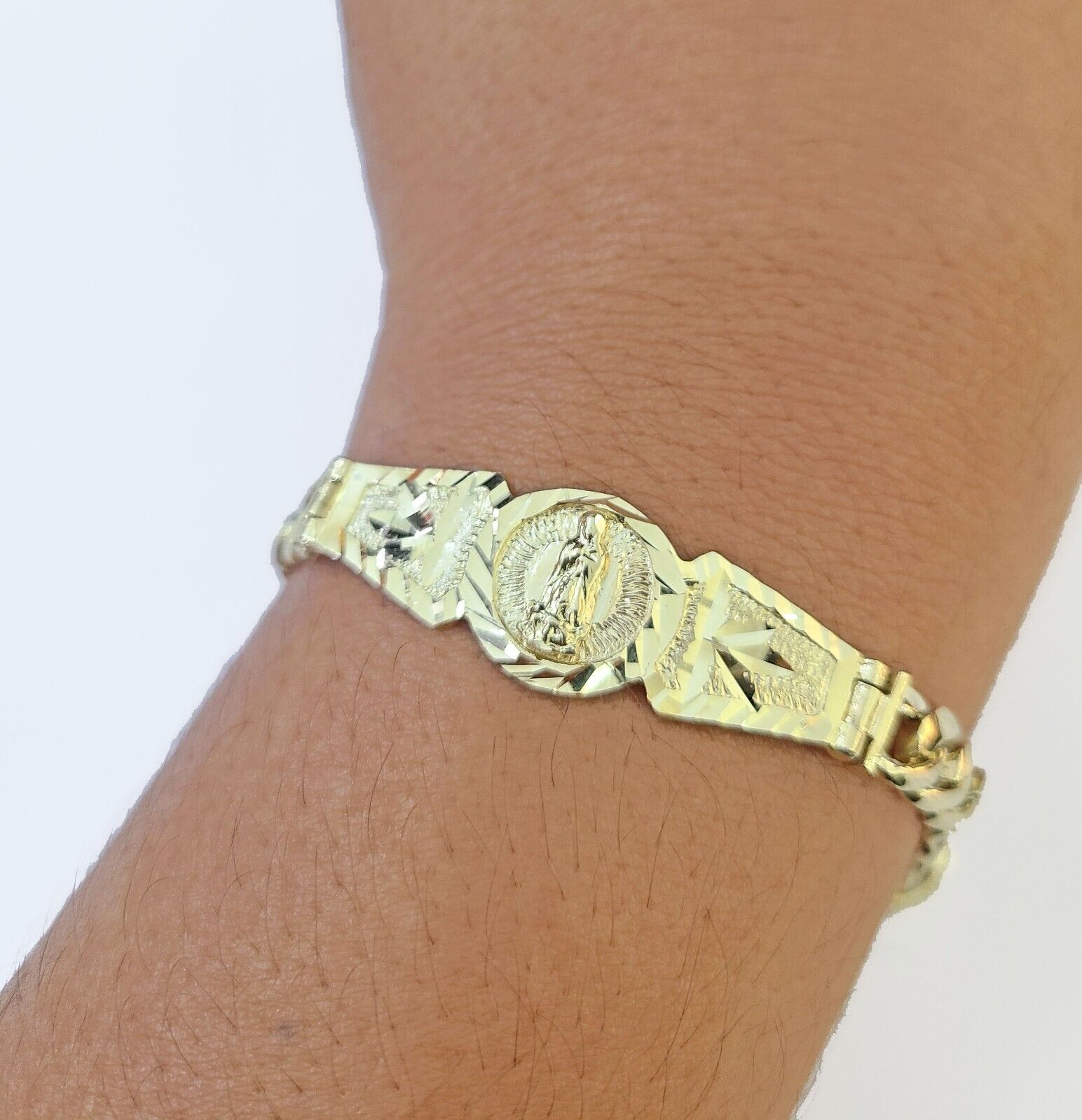 10k Gold Virgin Mary Miami Cuban Bracelet Size 8" Inches 7mm 10kt Mens Ladies - Reva Jeweler