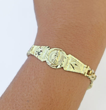 10k Gold Virgin Mary Miami Cuban Bracelet Size 8" Inches 7mm 10kt Mens Ladies - Reva Jeweler
