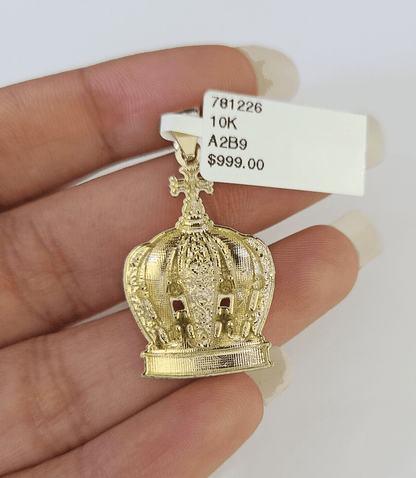 10K Imperial Crown Charm Pendant Real Yellow Gold Royal 1.5" Inch 10kt - GoldenlinQ