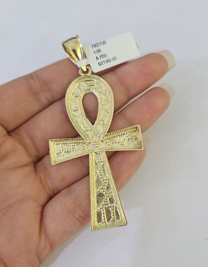 10k Jesus Ankh Cross Charm Pendant Egyptian Yellow Gold Men Women 3" 2.5" 2" - GoldenlinQ