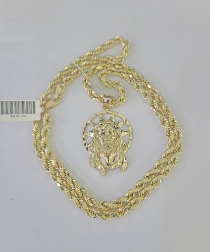 10k Jesus Christ Pendant Rope Chain 5mm 18" - 26" SET Necklace Charm - GoldenlinQ