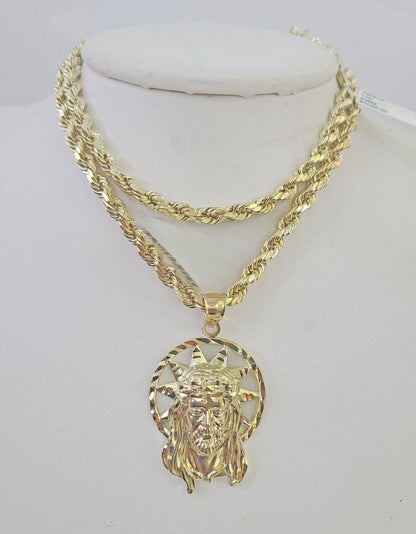 10k Jesus Christ Pendant Rope Chain 5mm 18" - 26" SET Necklace Charm - GoldenlinQ