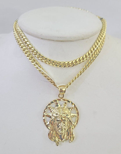 10k Jesus Head Charm Miami Cuban Chain Pendant Set 5mm Necklace Yellow Gold - GoldenlinQ