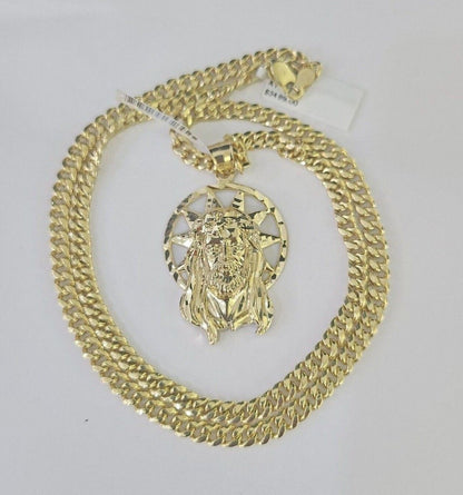 10k Jesus Head Charm Miami Cuban Chain Pendant Set 5mm Necklace Yellow Gold - GoldenlinQ