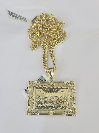 10k Last Supper Charm Miami Cuban Chain Pendant Set 5mm Necklace Yellow Gold - GoldenlinQ
