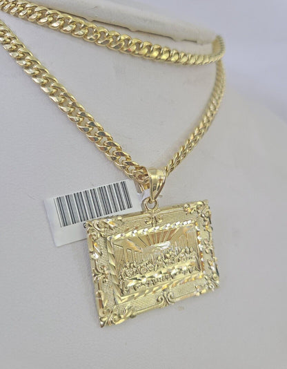 10k Last Supper Charm Miami Cuban Chain Pendant Set 5mm Necklace Yellow Gold - GoldenlinQ