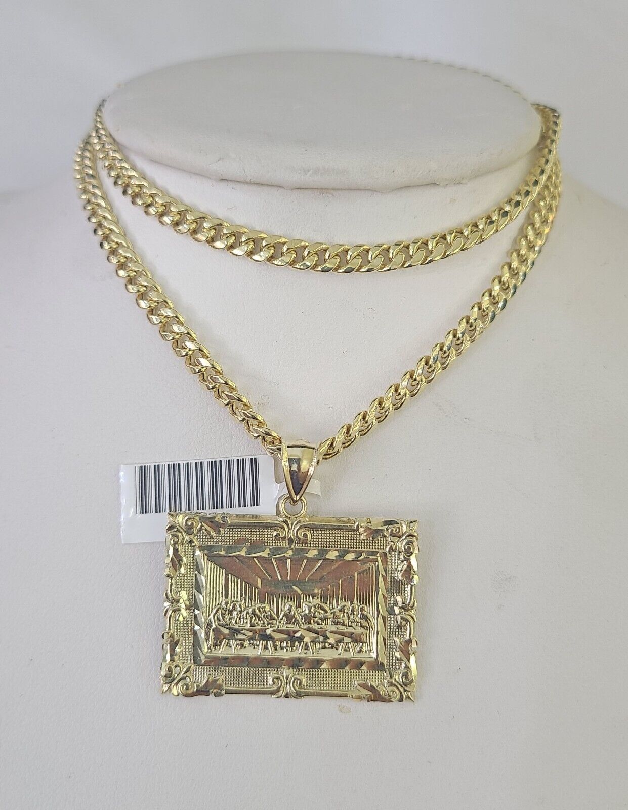 10k Last Supper Charm Miami Cuban Chain Pendant Set 5mm Necklace Yellow Gold - GoldenlinQ