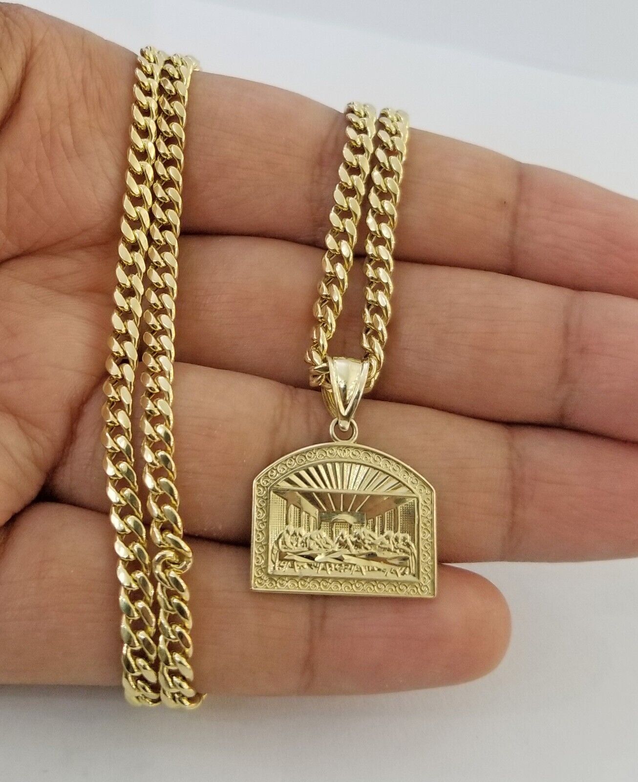 10k Last Supper Charm with Real Gold Solid 4mm Miami Cuban Chain 24 inch Set - Reva Jeweler