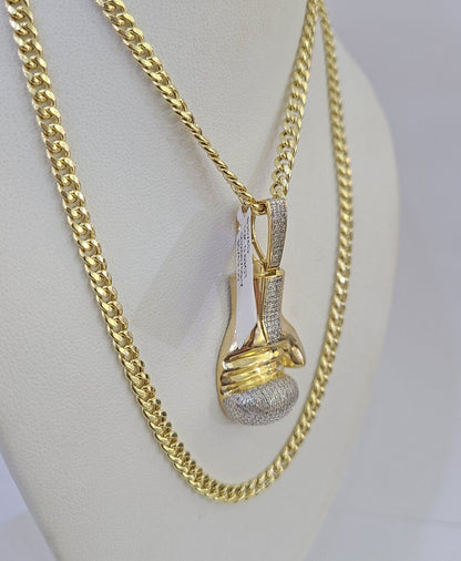 10k Miami Cuban Chain Boxing Glove Charm Set 4.5mm 20" - 28" Necklace Pendant Gold - GoldenlinQ