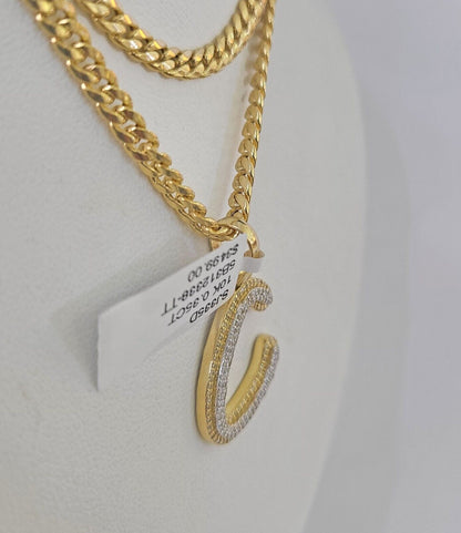 10k Miami Cuban Chain C Diamond Charm Set 4mm 18 - 26"Yellow Gold Necklace Pendant - GoldenlinQ