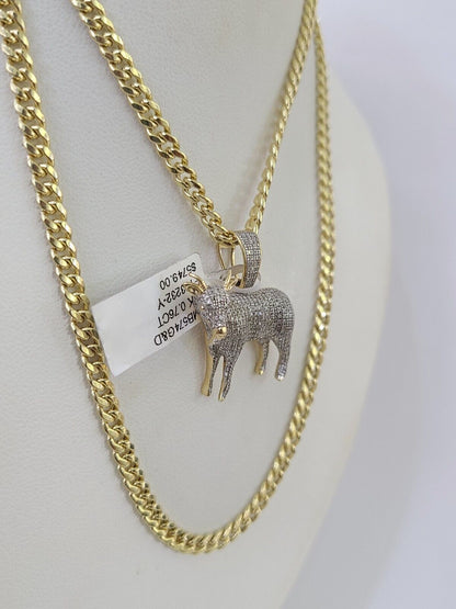 10k Miami Cuban Chain Goat Charm Set 4.5mm 20" - 28" Necklace Pendant Gold - GoldenlinQ