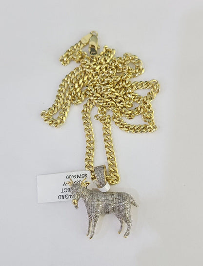 10k Miami Cuban Chain Goat Charm Set 4.5mm 20" - 28" Necklace Pendant Gold - GoldenlinQ