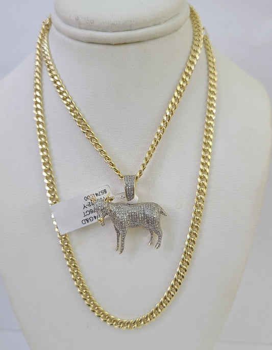 10k Miami Cuban Chain Goat Charm Set 4.5mm 20" - 28" Necklace Pendant Gold - GoldenlinQ