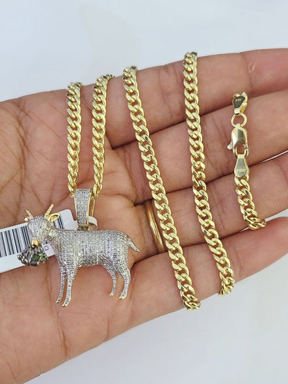 10k Miami Cuban Chain Goat Money Charm Diamond Set 4.5mm 20" - 28" Necklace Gold - GoldenlinQ