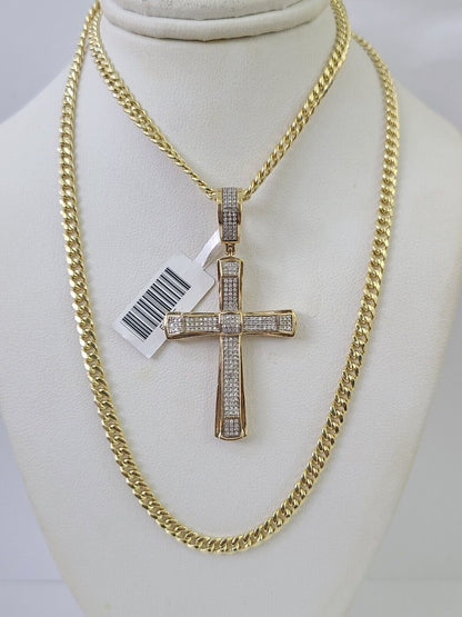 10k Miami Cuban Chain Jesus Cross Charm Set 4.5mm 20" - 28" Necklace Pendant Gold - GoldenlinQ